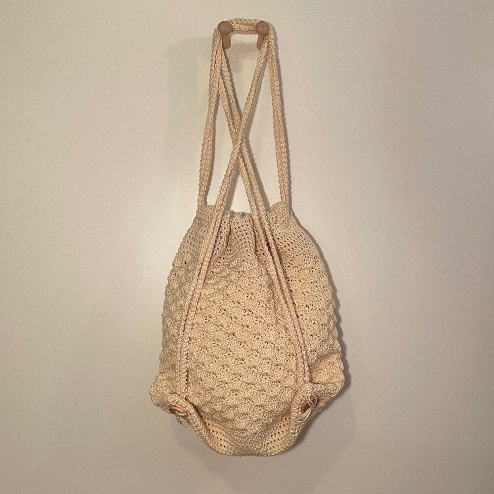 Sweet Cream Crocheted Drawstring Backpack - Picture 2 of 9